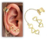 Brinco EAR CUFF folheado a ouro c/ corações e correntinha